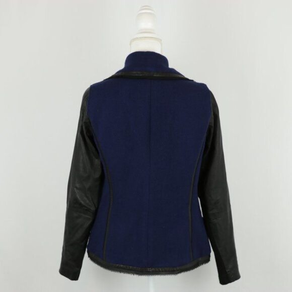 Vince Women's Size 6 Black Blue Leather & Wool Boucle Draped Collar Jacket - Picture 4 of 10